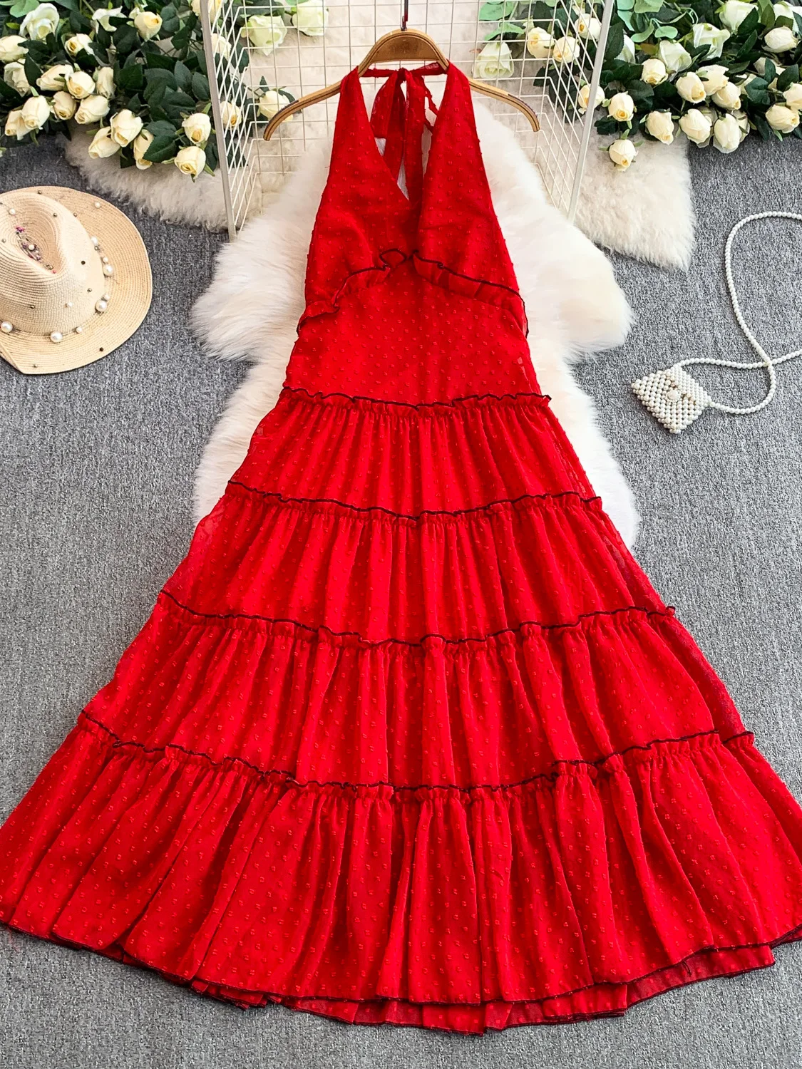 فستان Beach Vaion Sle نسائي بدون أكتاف مع حاشية منتفخة على شكل حرف A صورة ظلية للتخسيس الخصر عالي الخصر بدون Sve Dr #2