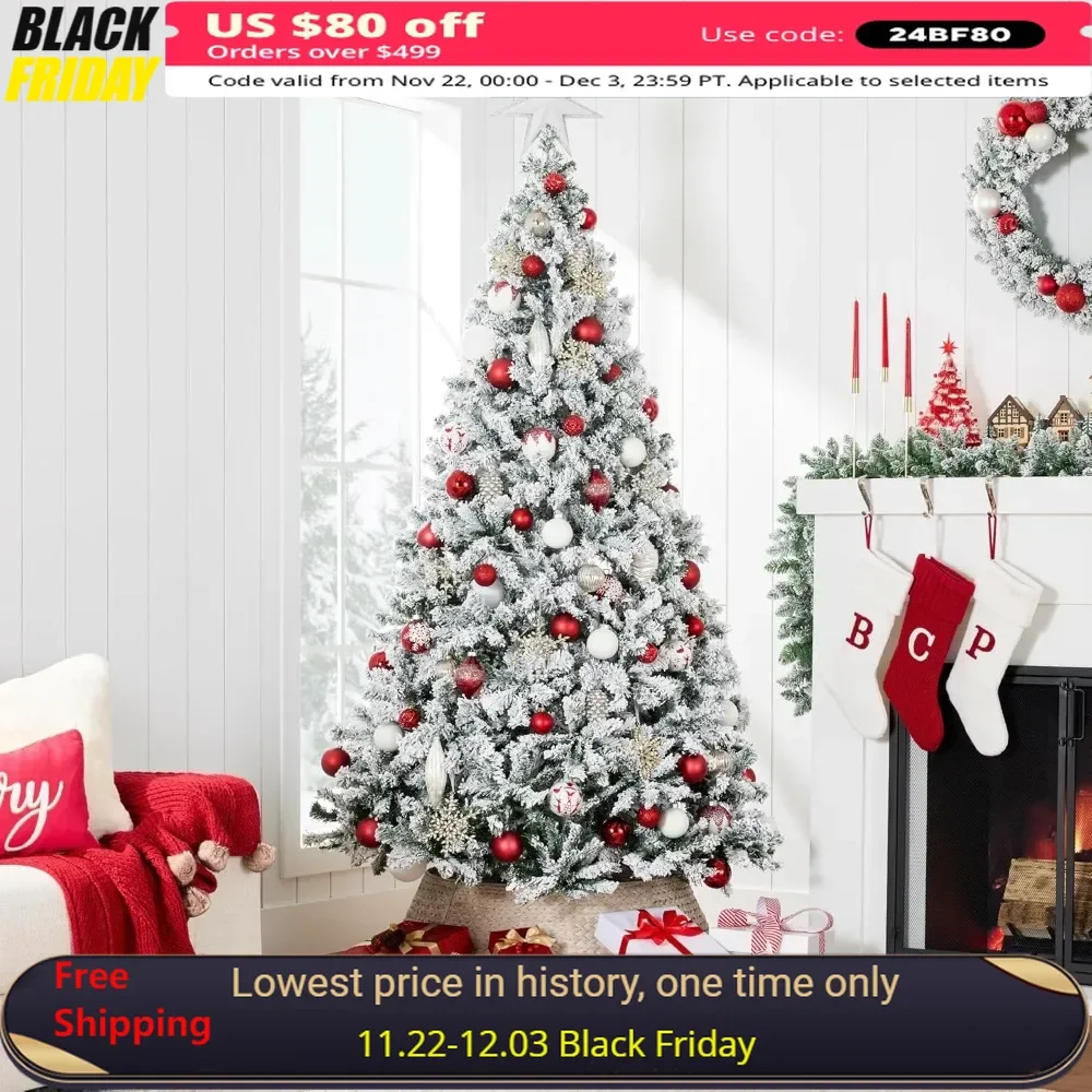 Artificial Christmas Tree, 12ft Unlit Snow Flocked Design Pine Tree, Full Appearance Snowy W/Easy Assembly, Metal Stand