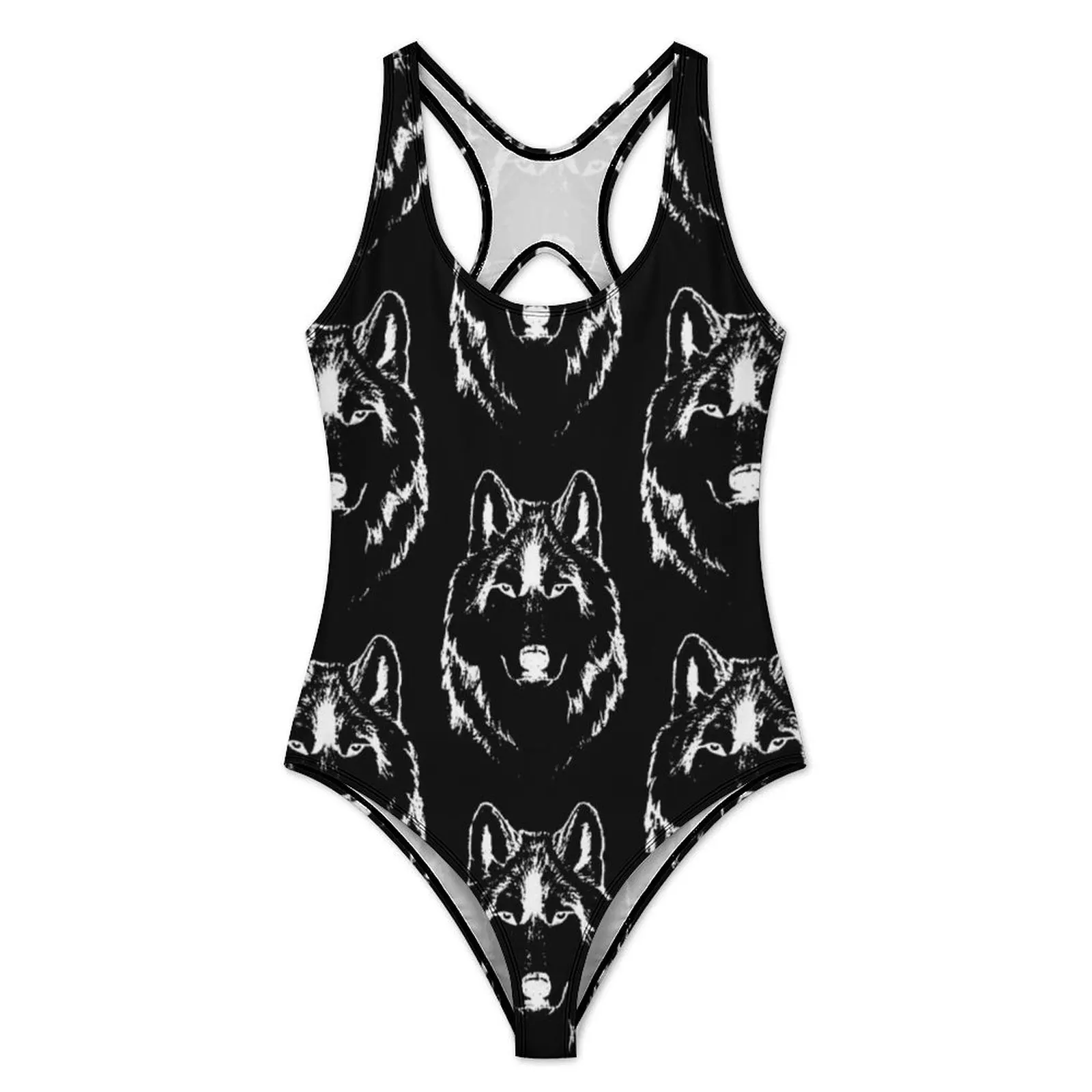 Funky Wolf Face Head Swimsuit Sexy Black And White Women Swimwear One Piece Classic Swimsuits Holiday Push Up High Cut Monokini