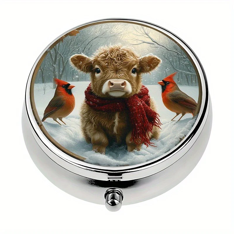 1-piece 3-compartment pill box, winter highland cow theme, mini pill container, pill organizer, unique gift suitable for travel and daily use