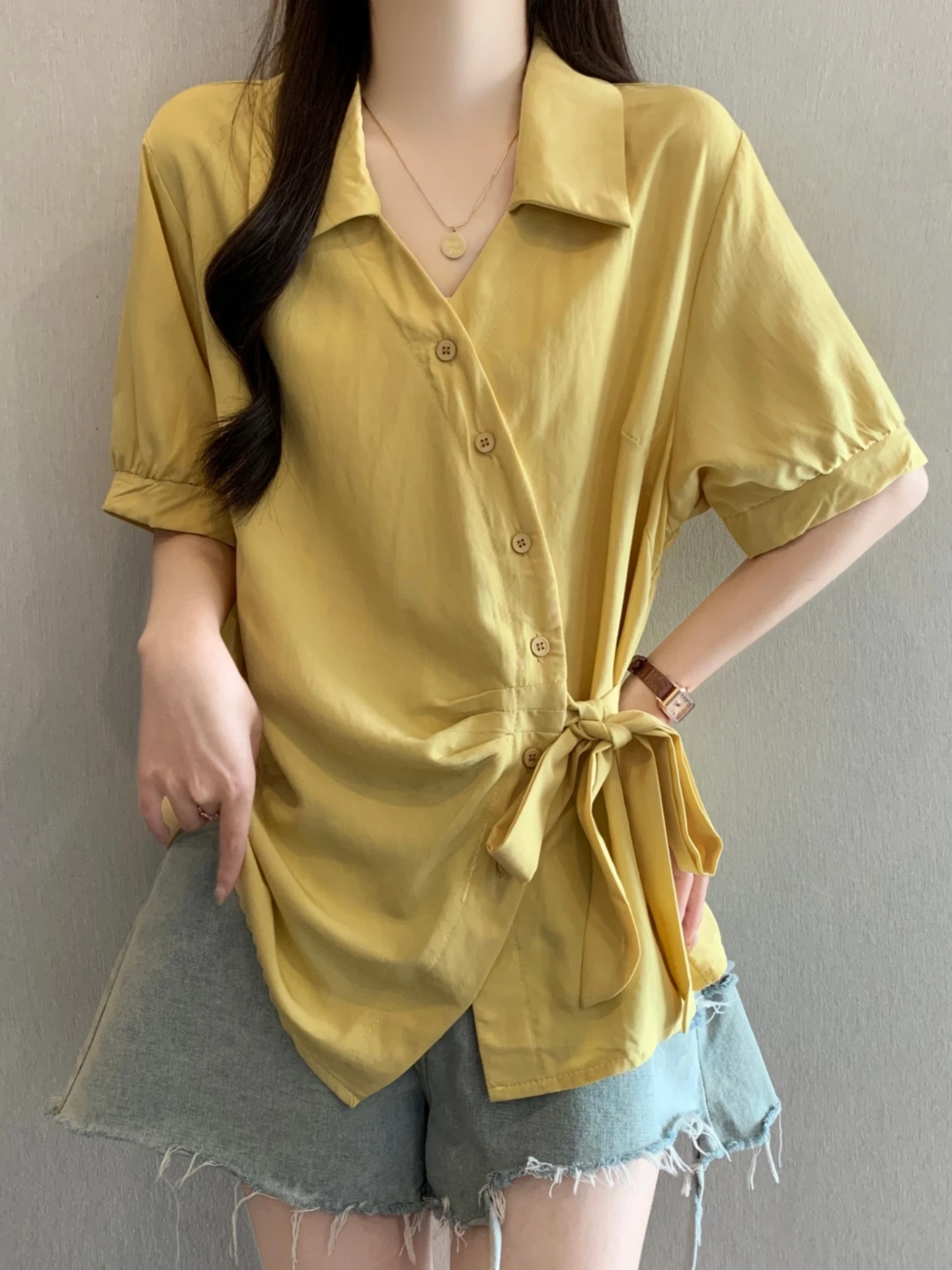 

Slimming V-Neck Short Sleeve Women's Base Shirt Summer plus Size Tie Waist Design Korean Style Commute Wind Loose Fit Shirt