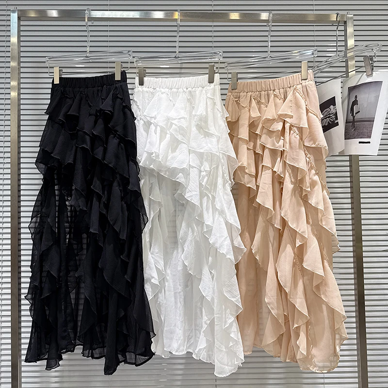 Spring Autumn Fashion Ruffle Multiple Layers Mesh Skirt Female High Waist Solid Color Wrinkle Knee Length Skirt for Women