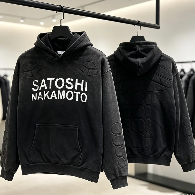2026 New SATOSHI NAKAMOTO Unisex Pullover Hoodie Distressed Letter Print Embossed Sleeve Street Sweatshirt