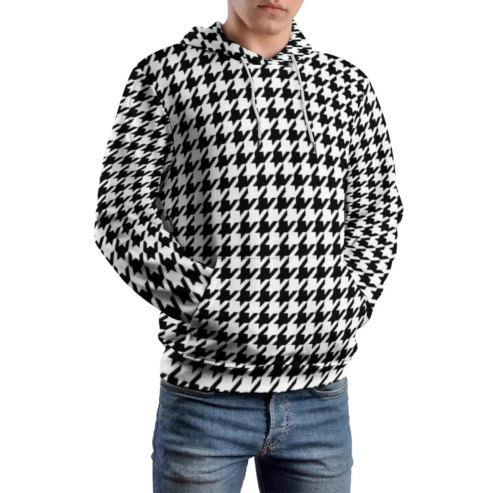 

Retro Houndstooth Loose Hoodies Abstract Checkered Pretty Pullover Hoodie Men Long Sleeve Oversized Casual Graphic Clothing