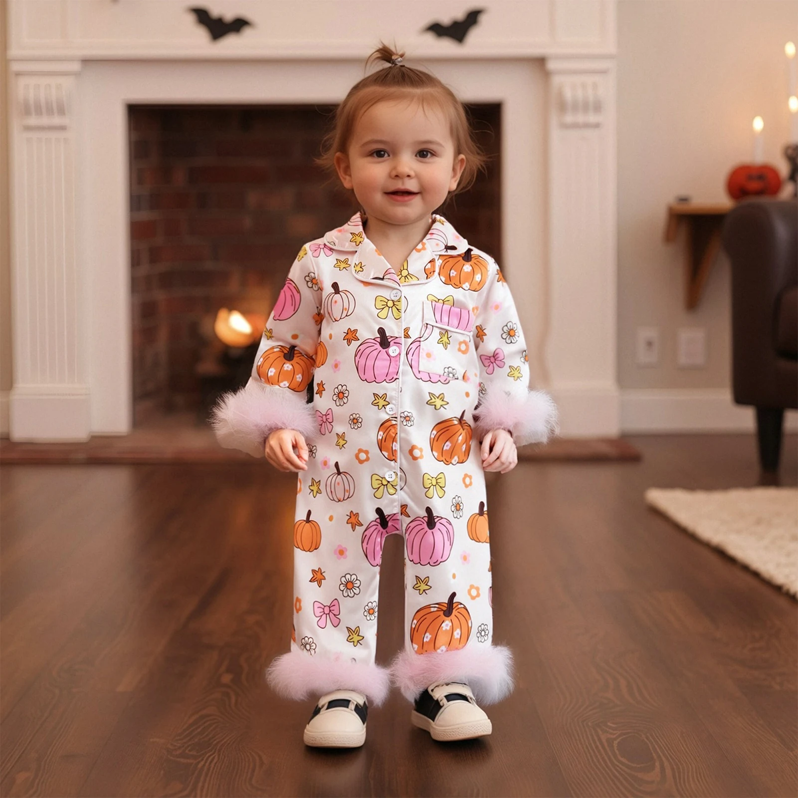 

Baby Girls Halloween Pajamas Feather Cuffs Pumpkin/Bow Print Button up Long Sleeves Jumpsuit for Loungewear Sleepwear