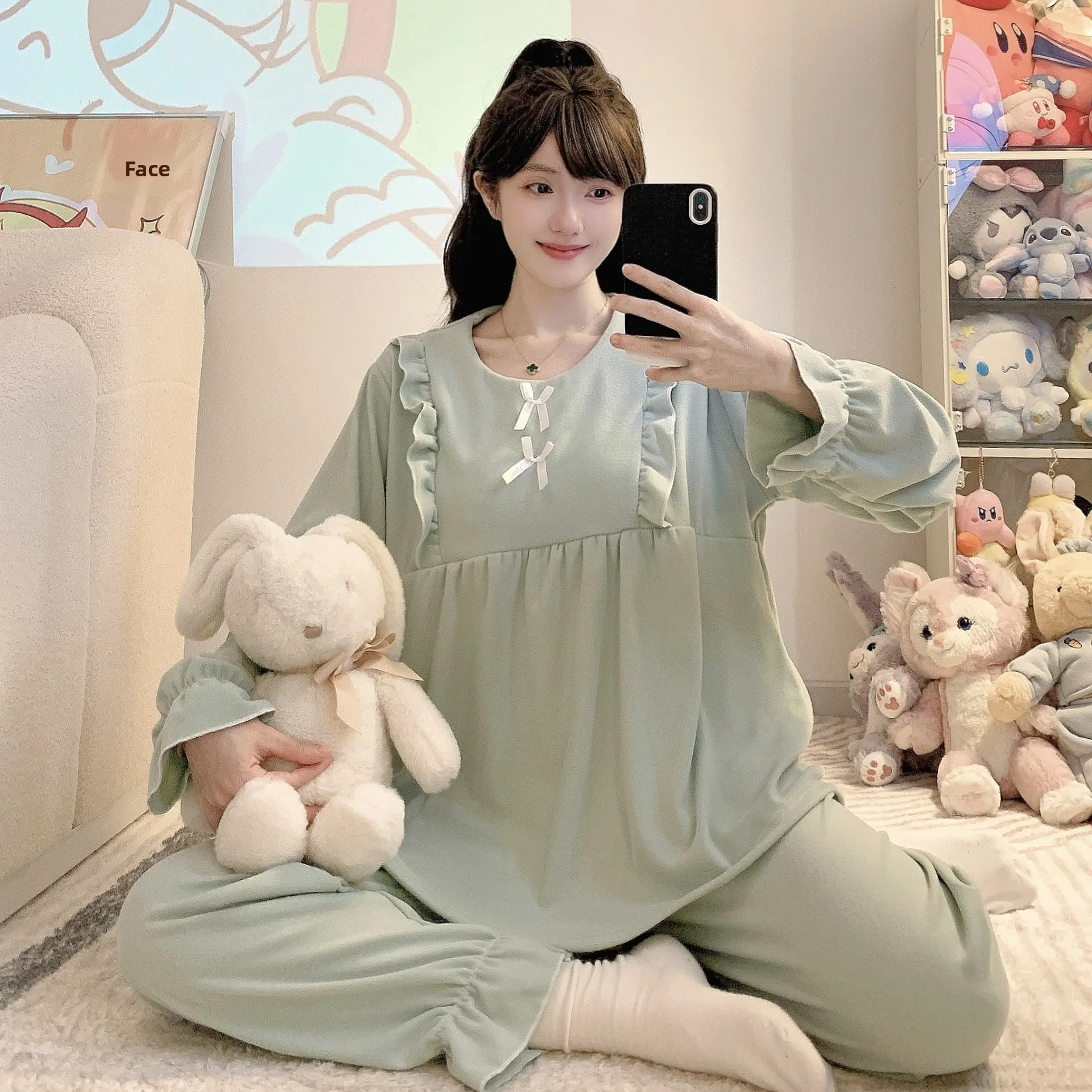 

Princess Style Long Sleeve Sleepwear Women's Autumn Winter Home Clothes Set with Chest Pad German Velvet Wearable Outdoors