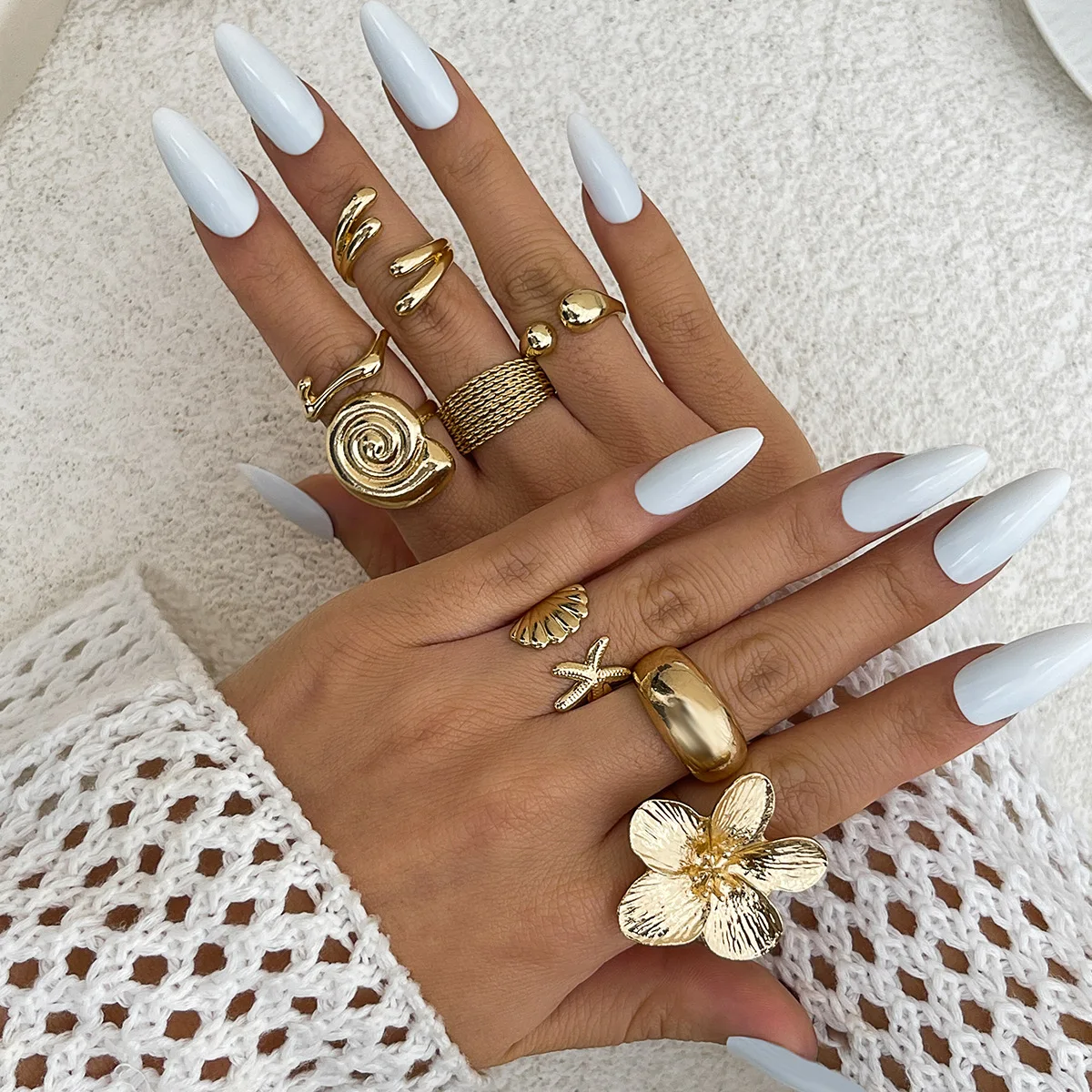 DIEZI One Set Vacation Beach Style Flower Starfish Knuckle Rings For Women Bohemian Vintage Gold Silver Color Open Joint Ring image 3