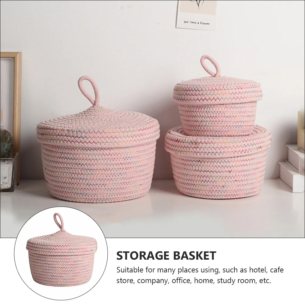 1Pcs Remote Controller Organizing Basket Pink Cotton Rope Storage Box Lid Desktop Organizer Household Storage Container