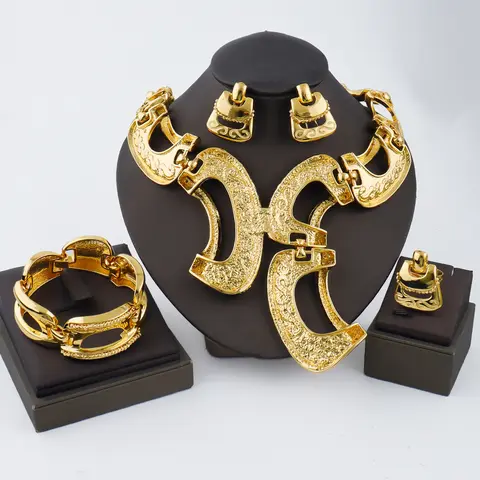 New Exaggerate Jewelry Set Dubai Gold Color Big Necklace Earrings Bracelet Ring Sets Bridal 24k Gold Plated Jewellery Gifts