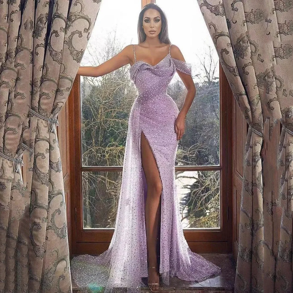 

Purple Celebrity Dresses Sexy Spaghetti Strap Boat Neck Side Split Women Luxury Female Beaded Sequin Formal Prom Evening Gowns