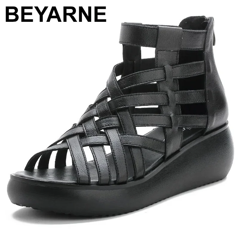 BEYARNE Genuine Leather Summer Shoes Wedges Sandals Women Gladiator Sandals Vintage Open Toe Cross Platform Sandals Female