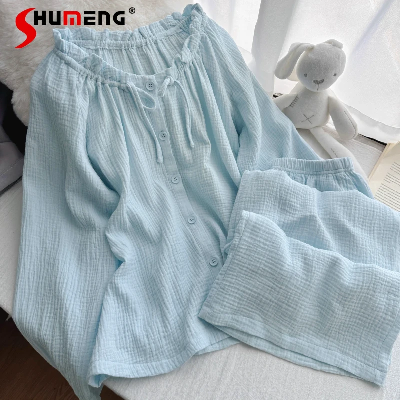 

Japanese Style Solid Color Pajamas for Girls Cotton Gauze Autumn New Homewear Set Women Simple Japanese Style Sweet Sleep Suits