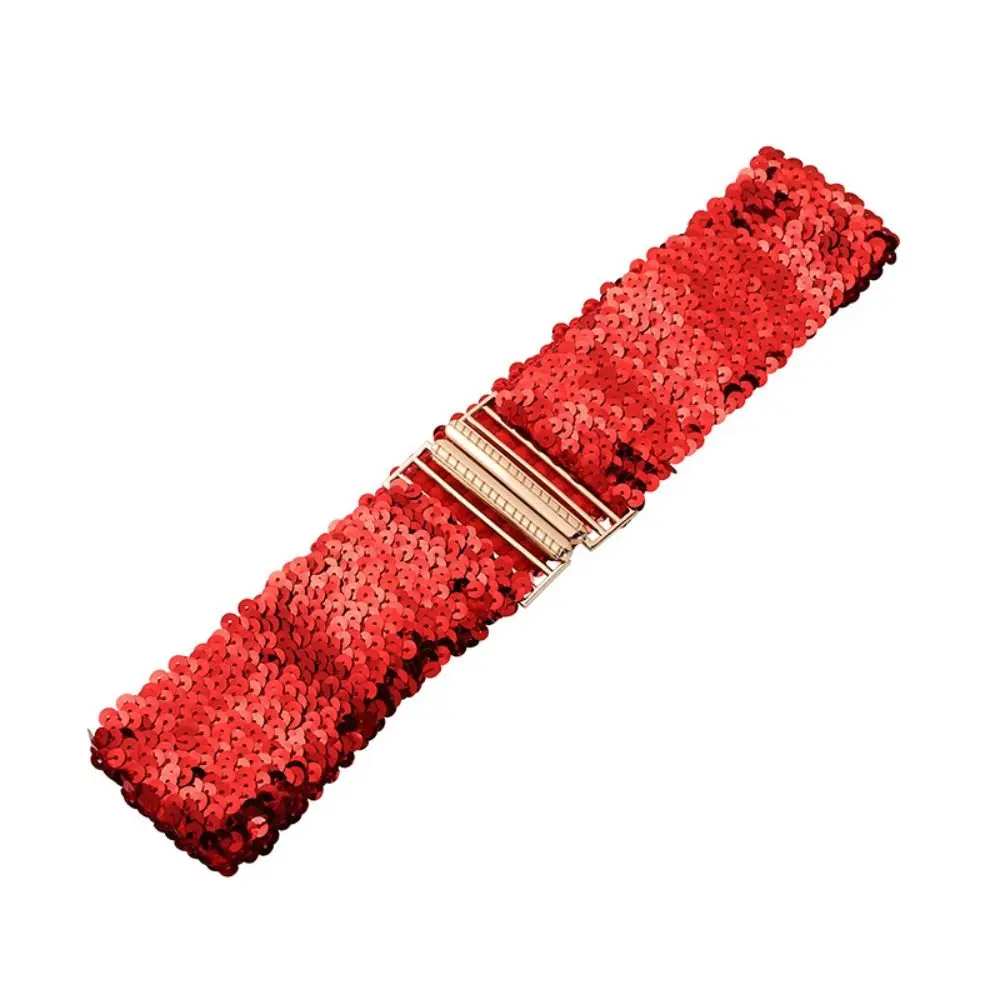 60cm Elastic Sequin Stretch Belt Eye Catching Versatile Shinny Waistband Gold Buckle Disc Professional Women's Belt Dresses