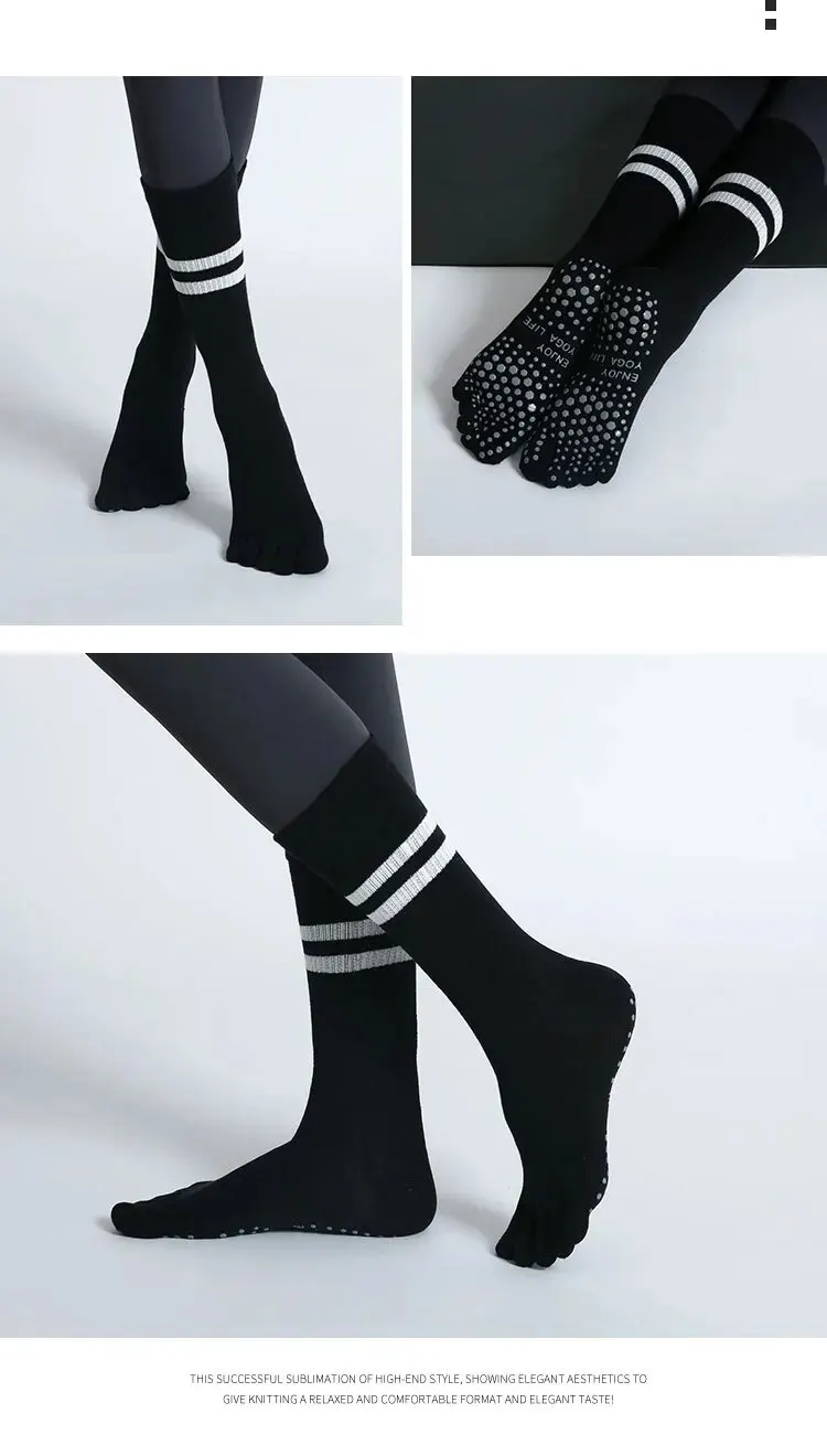 Frauen Atmungsaktive Yoga Socken Mid-rohr Nicht-slip Fünf Finger Pilates Sport Socke Baumwolle Fitness Dance Ballett Indoor boden Socken – Detail 4