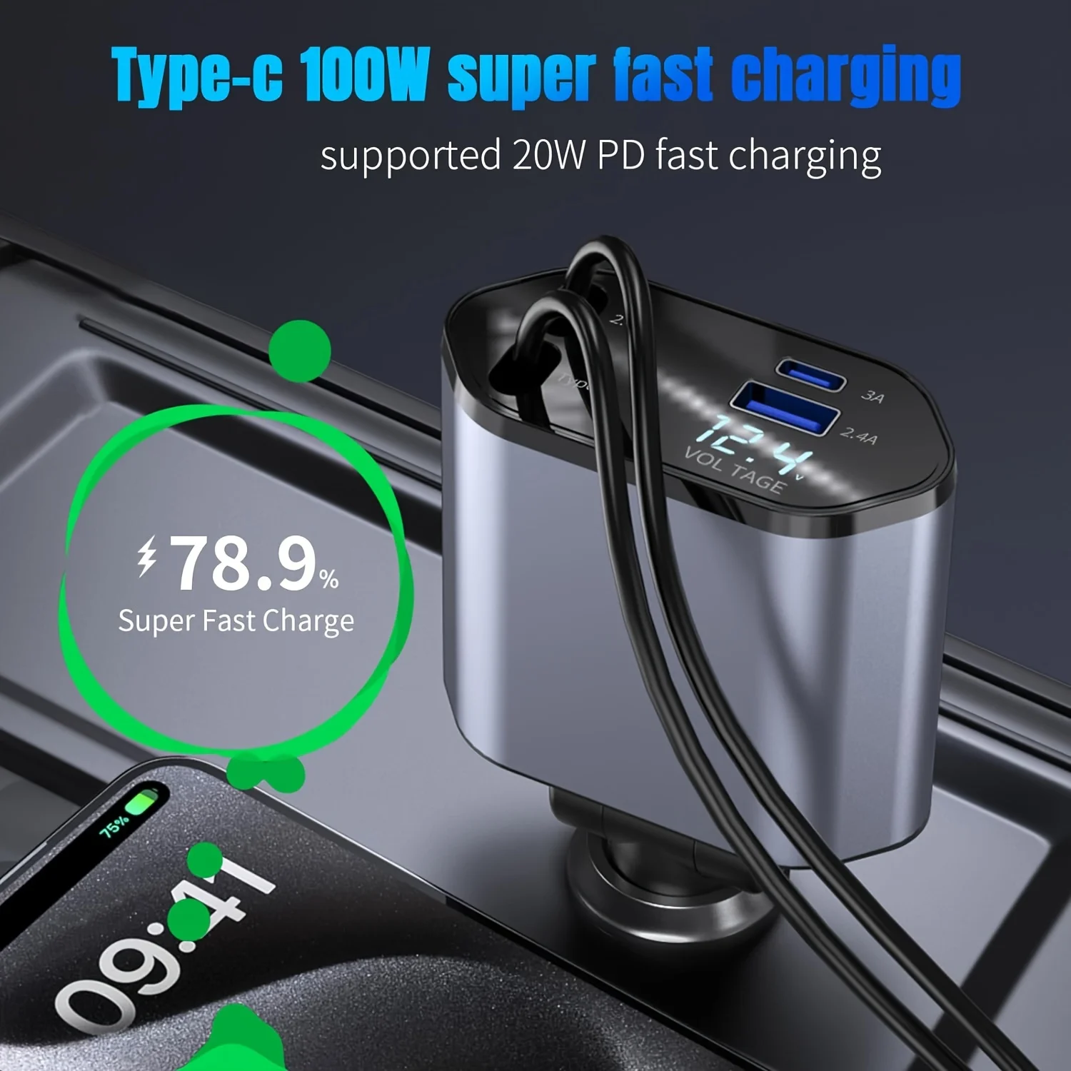 

4 IN 1 120W Retractable Car Charger USB Type C Cable For IPhone Huawei Samsung Fast Charge Cord Cigarette Lighter Adapter