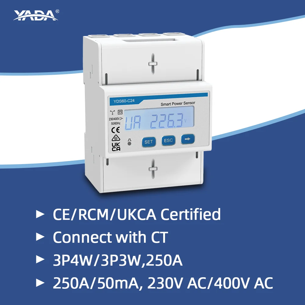 CE UKCA RCM Certified Three-Phase Digital Energy Meter Din Rail Mounted Solar PV Inverter RS485 Modbus With LCD Display