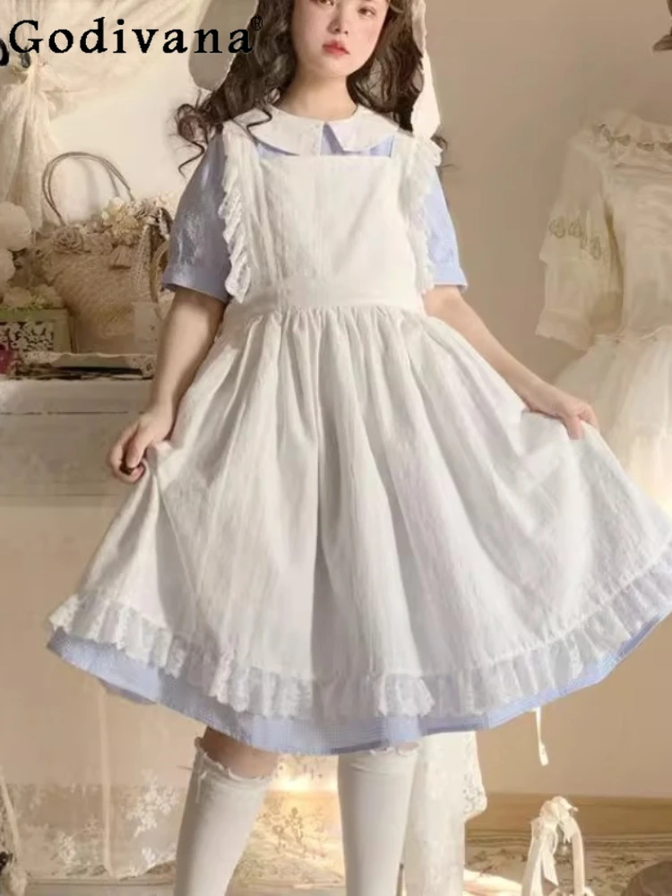 Abito bianco con cinturino grembiule Lolita con giunture in pizzo Lolita allentato Abito da donna a vita alta medio e lungo semplice e versatile