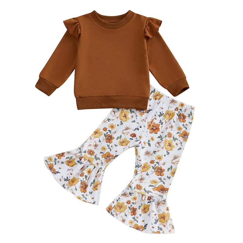 

Toddler Girls Fall Outfits Long Sleeve Sweatshirt and Floral Print Elastic Flare Pants Set Cute 2 Piece Clothes