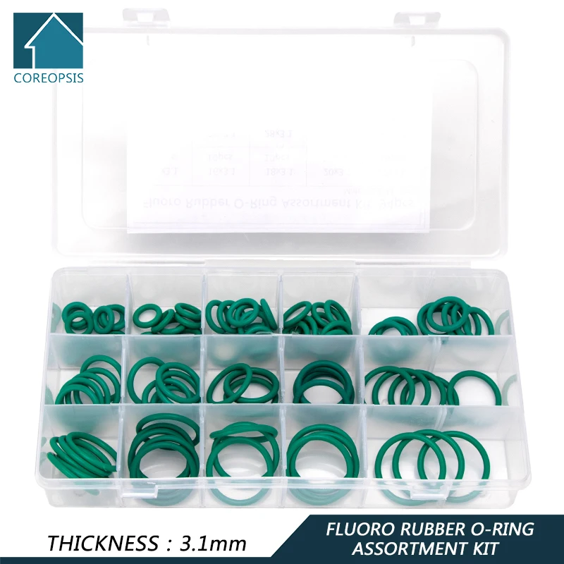 

94PCS Fluorine Rubber FKM High Pressure Sealing O-rings Green Seal Gasket Replacements Kit 15 Big Sizes OD 15-35mm CS3.1mm FQ032