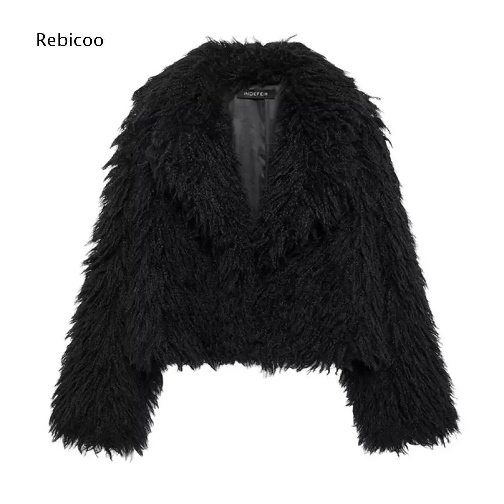 Womens Faux Fur Short Outerwear Wide Lapel Collar Long Sleeve Open Style Side Pockets Loose Outer Top For Autumn And Winters