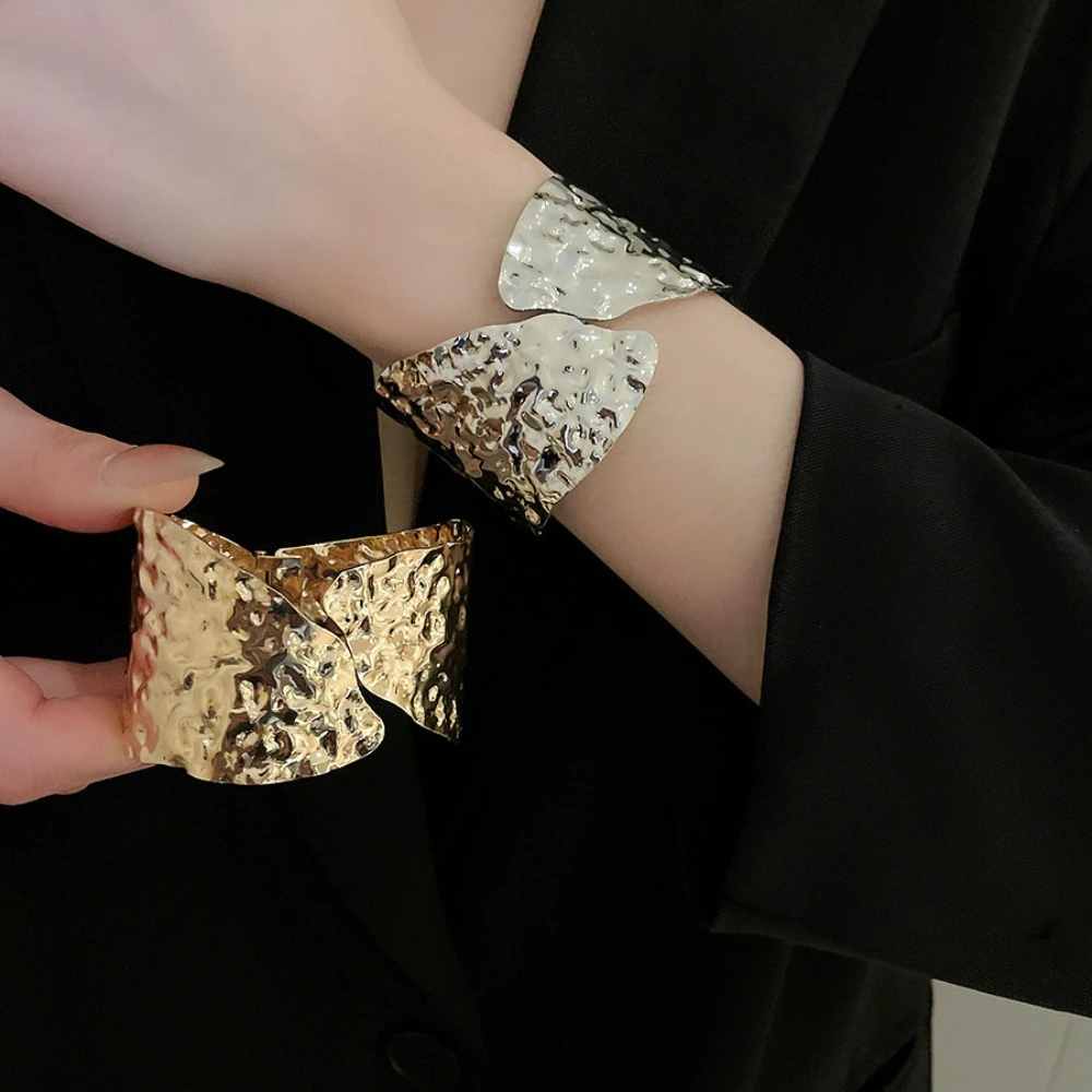 Simple Iron Wide Open Bangle Leaf Gold Silver Cuff Bangles Exaggerated Minority Design Exaggerated Bracelet Decoration