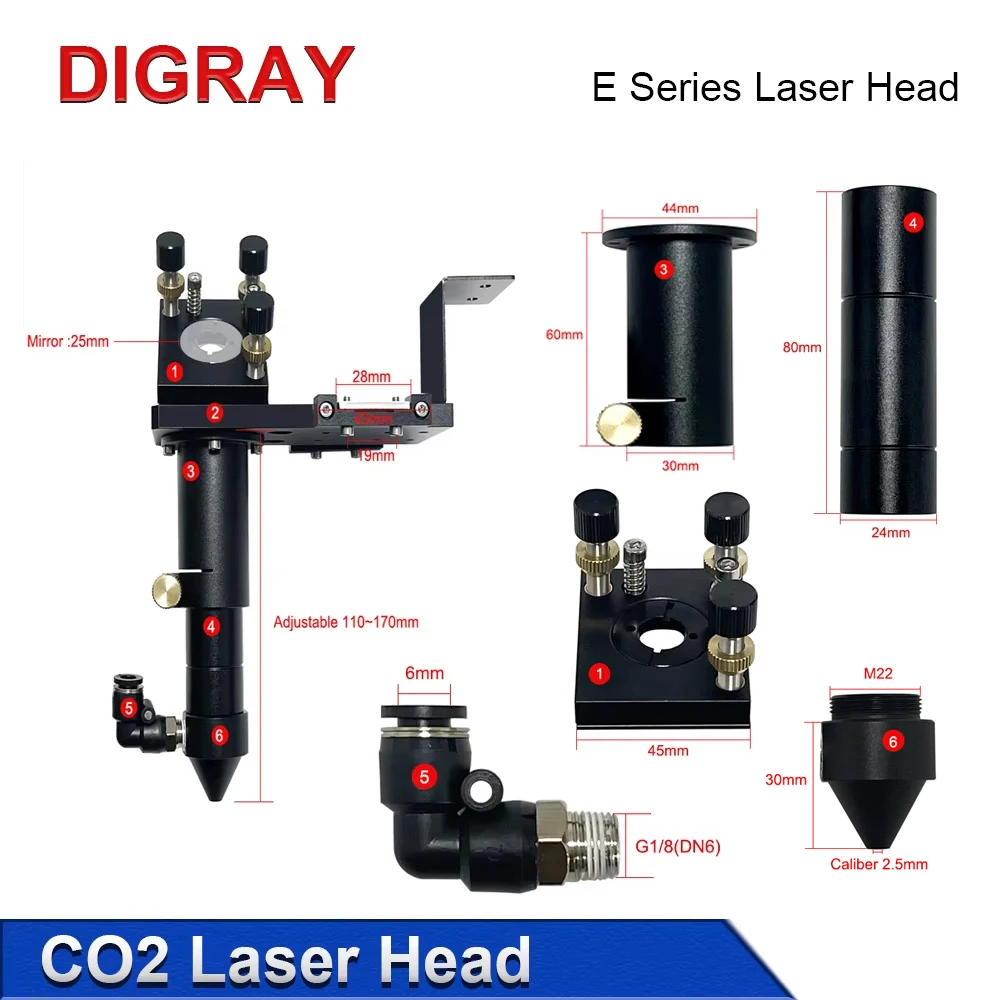 DIGRAY CO2 Laser Head E Series D20mm FL50.8&63.5&101.6mm Adapter Lens 25mm For Laser Engraving Machine