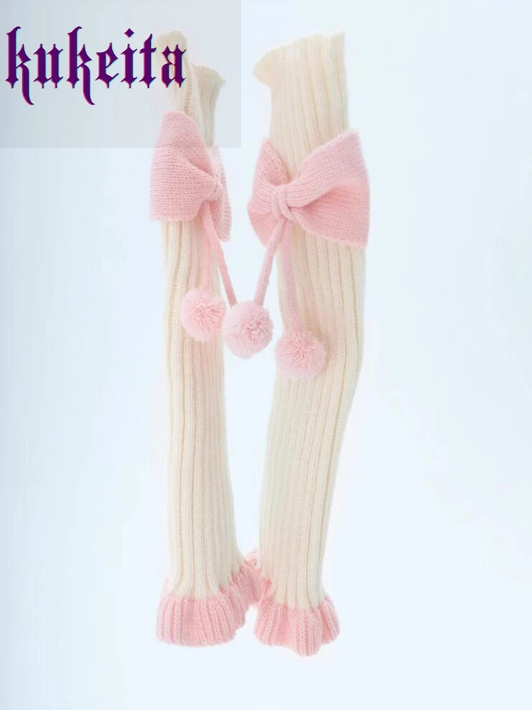 Kukeita Harajuku Y2k Women Knitted Leg Warmer Socks Japanese Lolita Sweet Pink Bow Ruffles Leg Cover Kawaii JK Warm Boots Socks