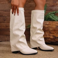 2026 Fashion Fold Over Knee High Boots for Women Slip On Chunky High Heel Shark Boots Woman Wide Leg PU Leather Long Botas Mujer - Image 4