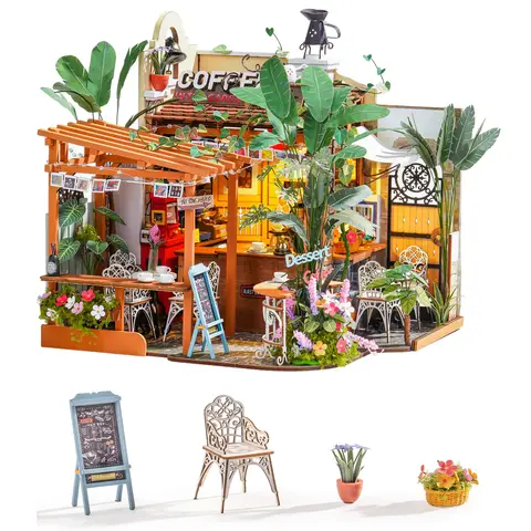 Rolife Wooden Dollhouse 3D Puzzle Leafree Café DIY Miniature House Model Building Kit with LED Light for Home Decor Brain Teasers Jigsaw DIY Craft Kit for Holiday Gift