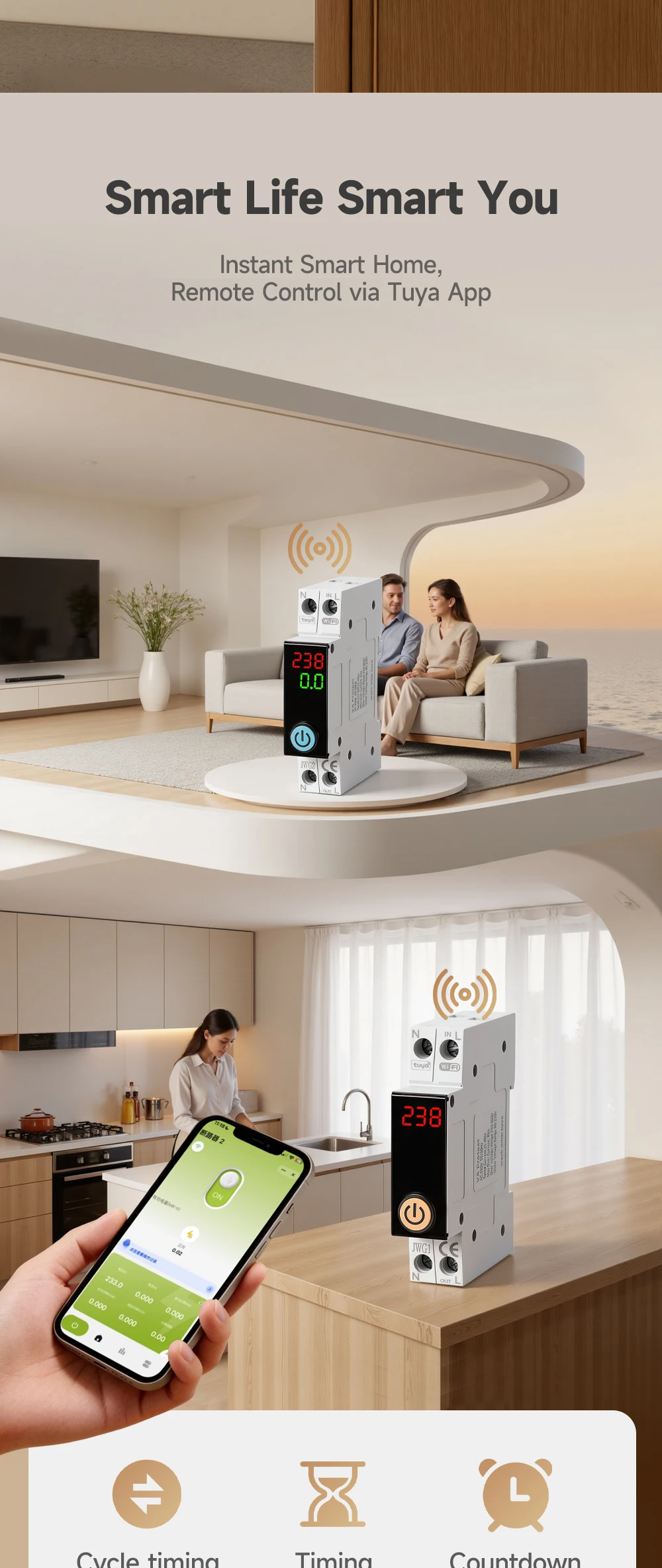 Tuya WiFi DIN-Schienen-Smart-Leistungsschalter 1P+N 63A mit Digitalanzeige, Energiezähler, Spannungs- und Stromschutz, Fernschalter – Detail 5
