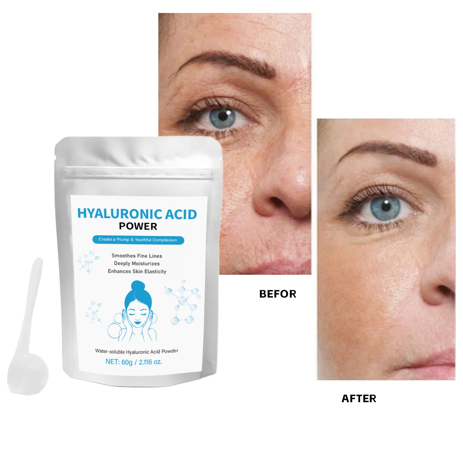 60g de polvo de ácido hialurónico + cuchara, hidratante, suavizante, iluminador, nutritivo, ingrediente de ácido hialurónico para sueros DIY, cuidado de la piel