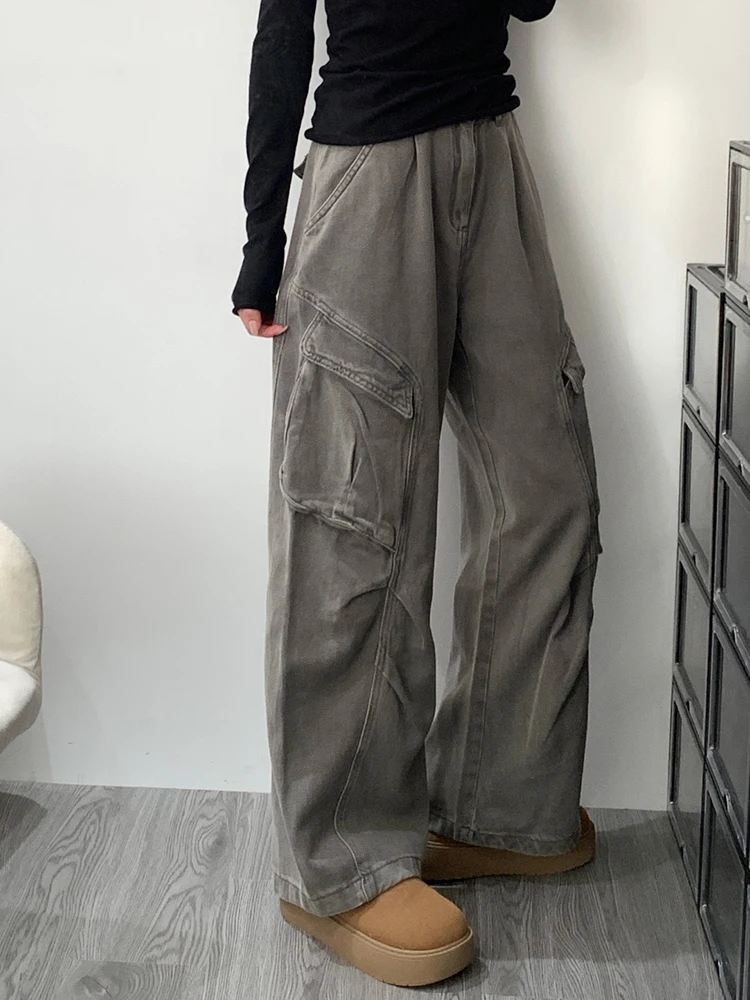 Amerikanische Retro-Multi-Komponenten-Arbeitskleidung Denim-Hose mit Hoher Taille, Geradem Bein, Bodenlang, Lose Weite Hose für Damen