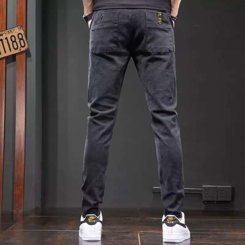 Autumn Elastic Waist Black Jeans Men Slim Fit Pencil Pants Korean Style Casual Drawstring Denim Trousers