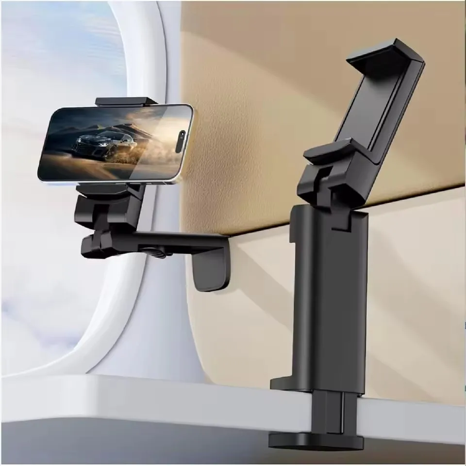 Support pour téléphone d'avion, accessoire de voyage indispensable pour les longs trajets, plateau de bureau compact, support pour téléphone portable durable, pince à ressort automatique.