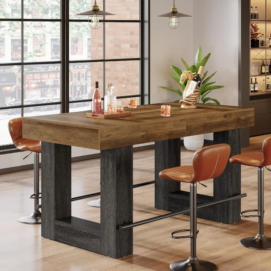 63-Inch Bar Height Table, Large Wooden High Top Pub Table with Metal Footrest, Industrial Rectangular Counter Height Kitchen Is