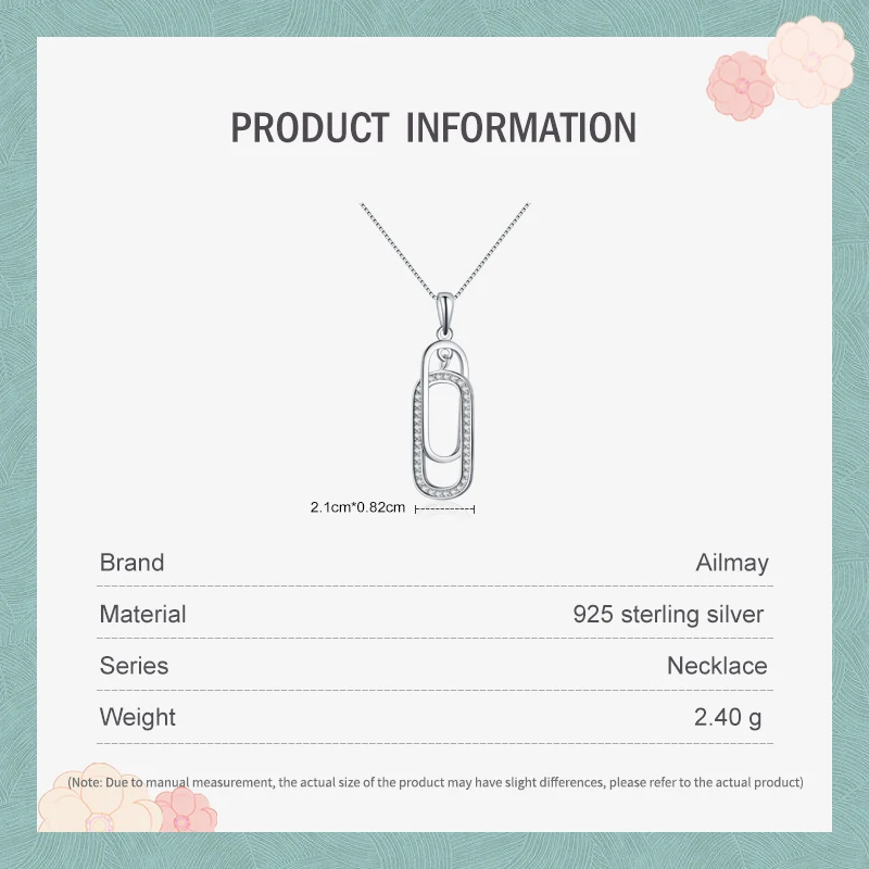 Ailmay 100% 925 Sterling Silver Fashion Rectangle Sparkling CZ Pendant Necklace For Women Statement Jewelry Gift
