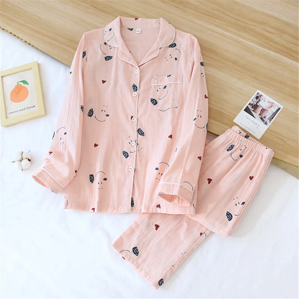 

New Sleepwear Print Cotton Pajamas for Women Long Sleeved Long Pants Summer Spring Loungewear Loose Home Clothing Homewear Suit