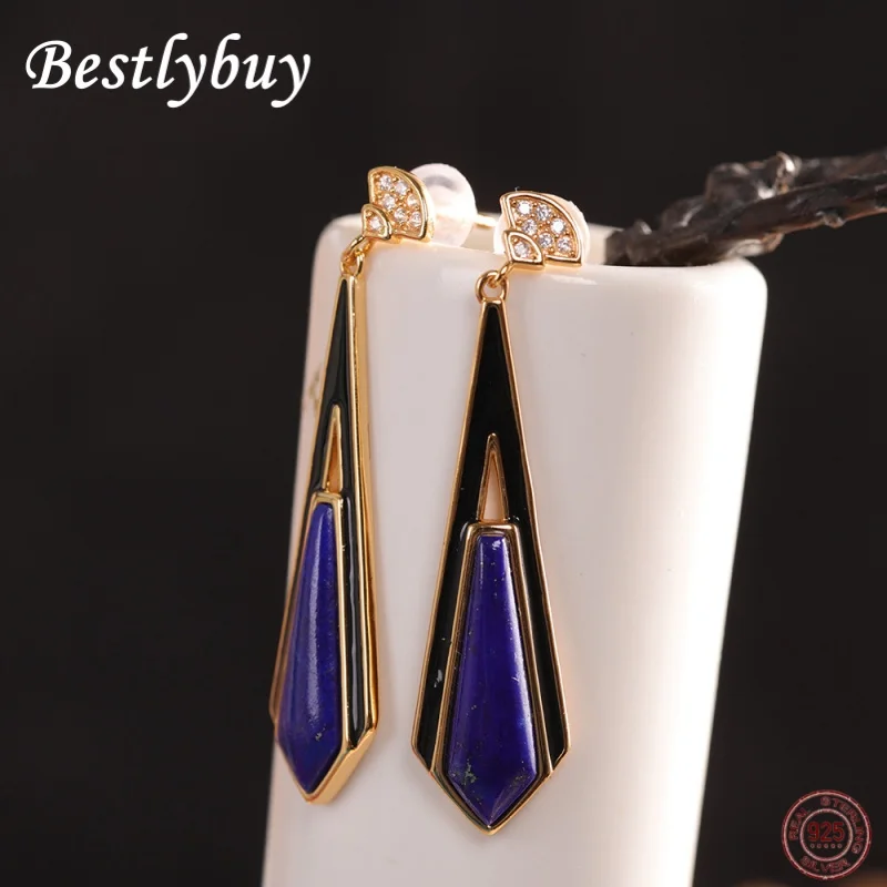 

NEW S925 Silver Inlaid Natural Lapis Lazuli Long Earrings For Women Retro And Simple Artistic Temperament Jewelry