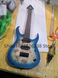 7 Strings electric Guitar Matte Blue OM body Brul Maple Top Rose wood fingerboard 24 Frets chicken wings Wood neck Black Tuners