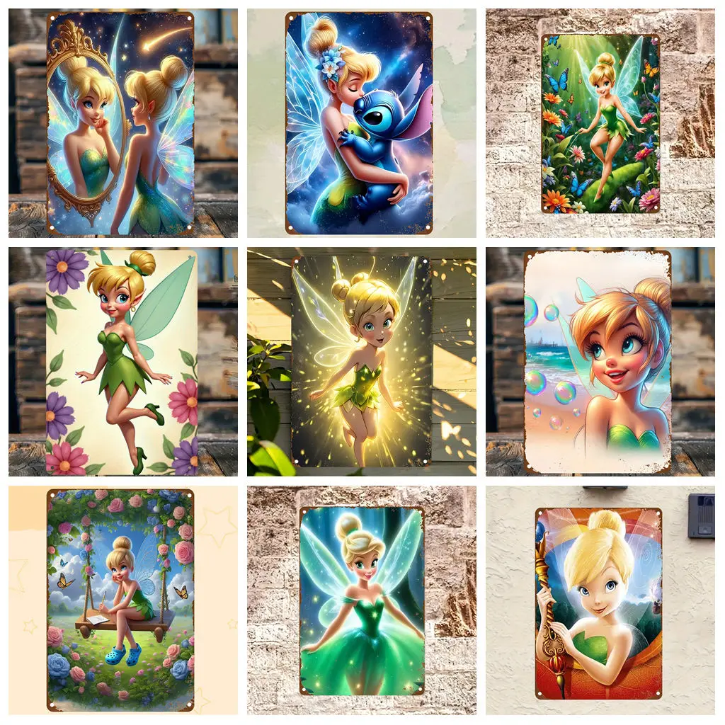 

Miniso Tinker Bell & Stitch Creative Crossover Metal Tin Signs Posters Decor Retro Metal Plaque Wall Art Decor for Garage Bar