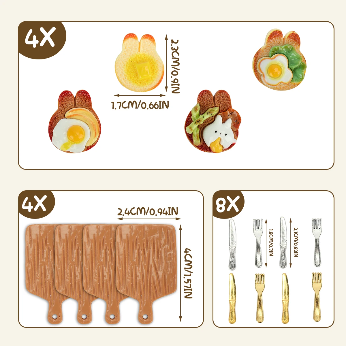 16 stks Simulatie Voedsel Spelen Konijn Kaas Gebakken Ei Toast Lade Mini Mes En Vork Set Miniatuur Scène Poppenhuis decoratie
