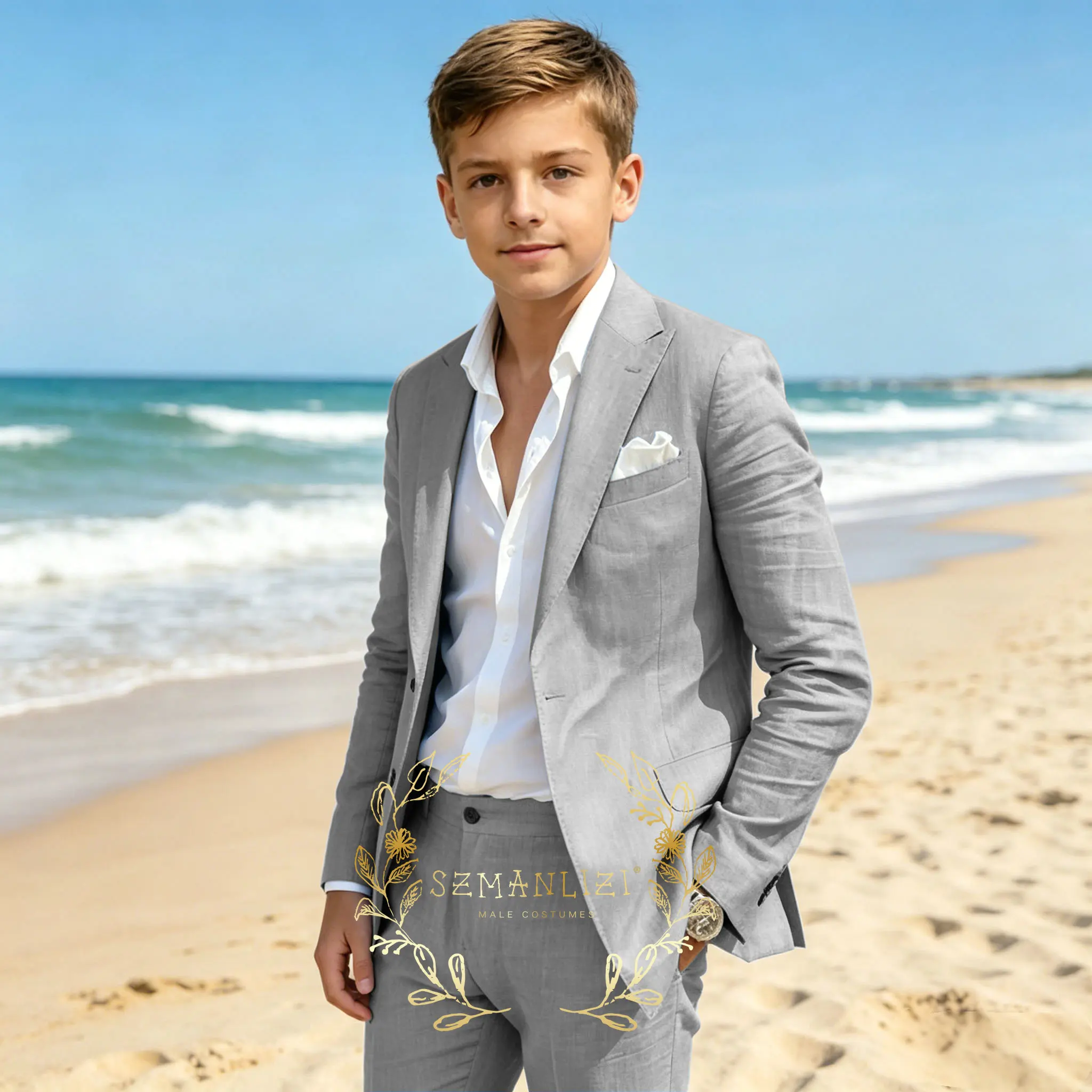 

Summer Light Grey Linen Boys Suit 2 Piece Set Peaked Lapel Wedding Tuxedo Kids For Birthday Party Blazer Pants Outfit