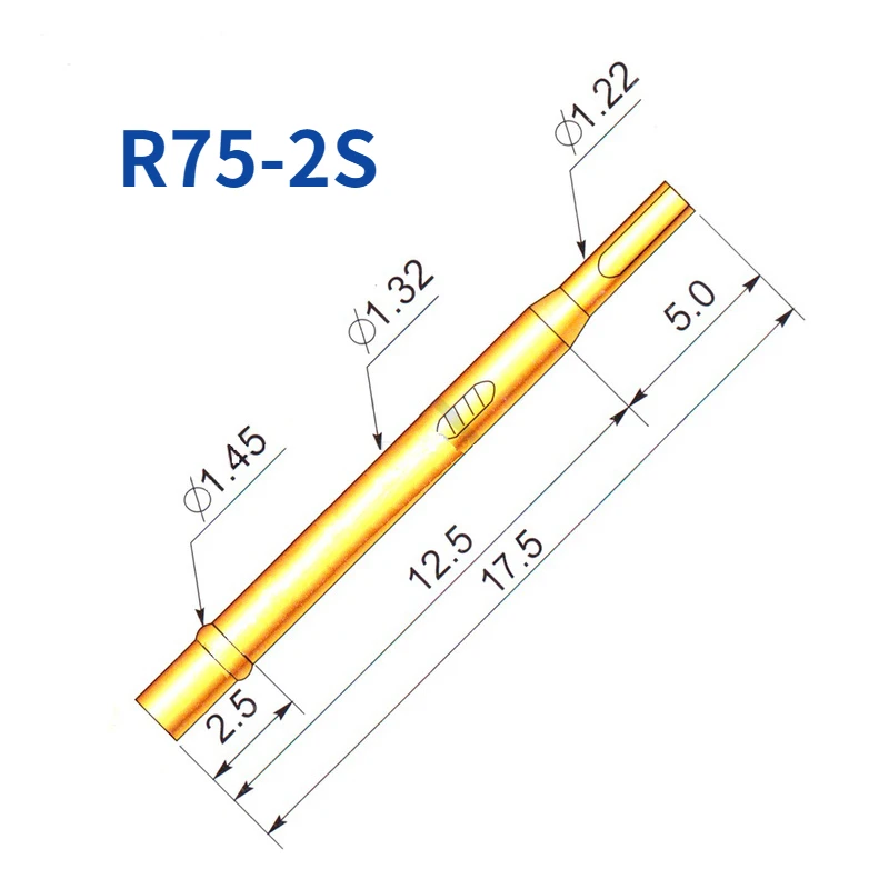 100PCS R75-2S Brass Tube Gold-plated Spring Test Probe Diameter 1.32mm Length 17.5mm Probe Needle Seat