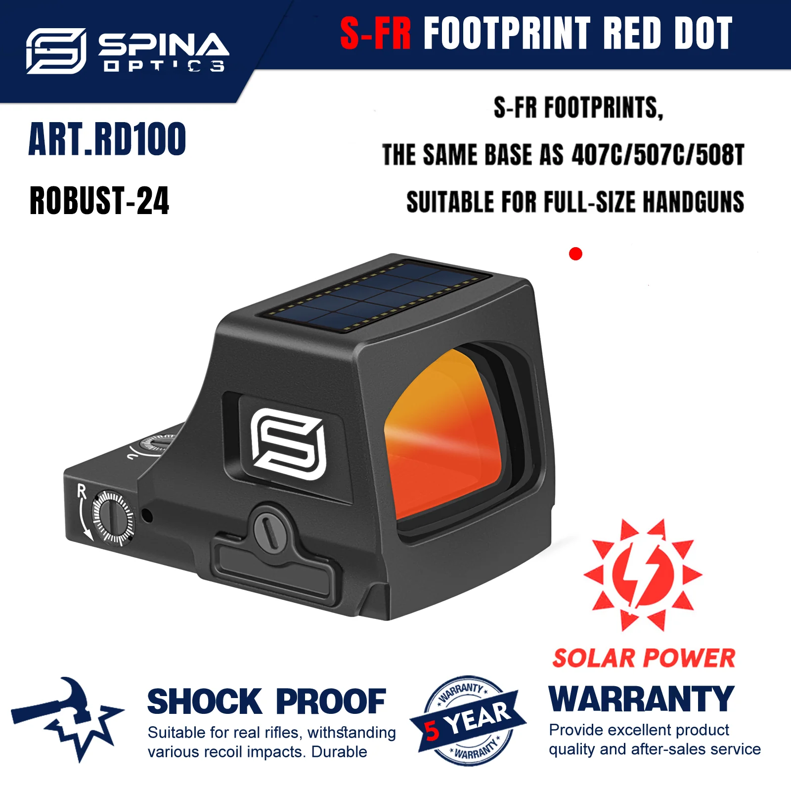 SPINA OPTICS Robust-24 3MOA S-FR Shake Awake Red Dot Sight with S-FR Footprint Adapter HS 407C/507C/507T G17/19 9mm