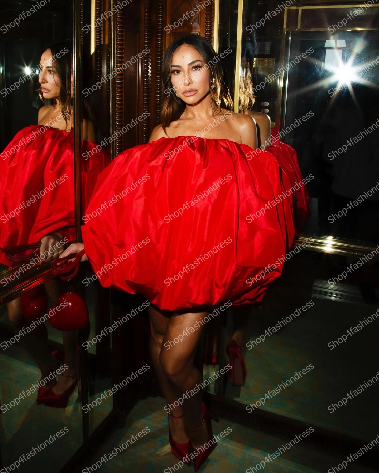 Extra Puffy Satin Cocktail Dresses Sexy Boat Neck Puff Sleeves Mini Evening Prom Dress Unique Short Bridal Homecoming Gowns