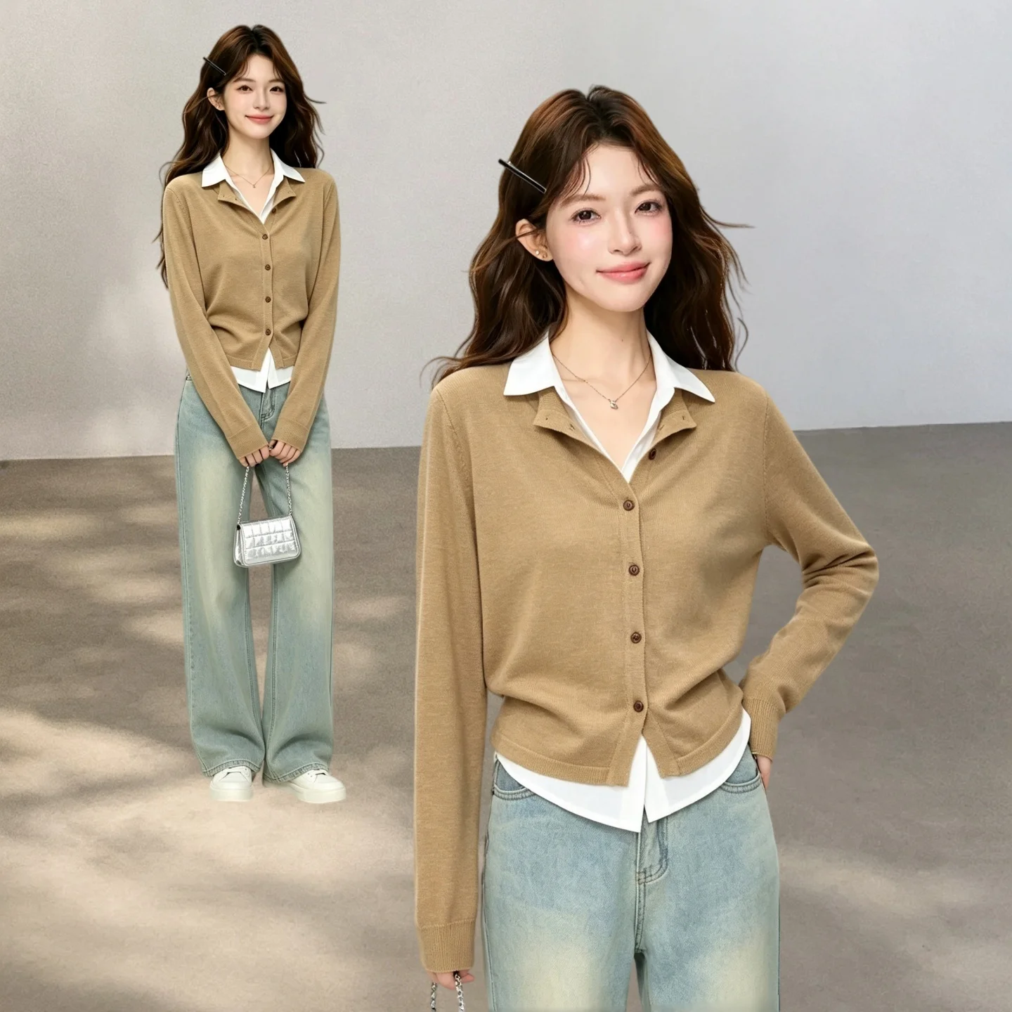 Women's Khaki Fake Two Piece Long Sleeve Knit Cardigan, Fall Unique Design Slim Fashion Blouse Elegant Photo Shoot Top
