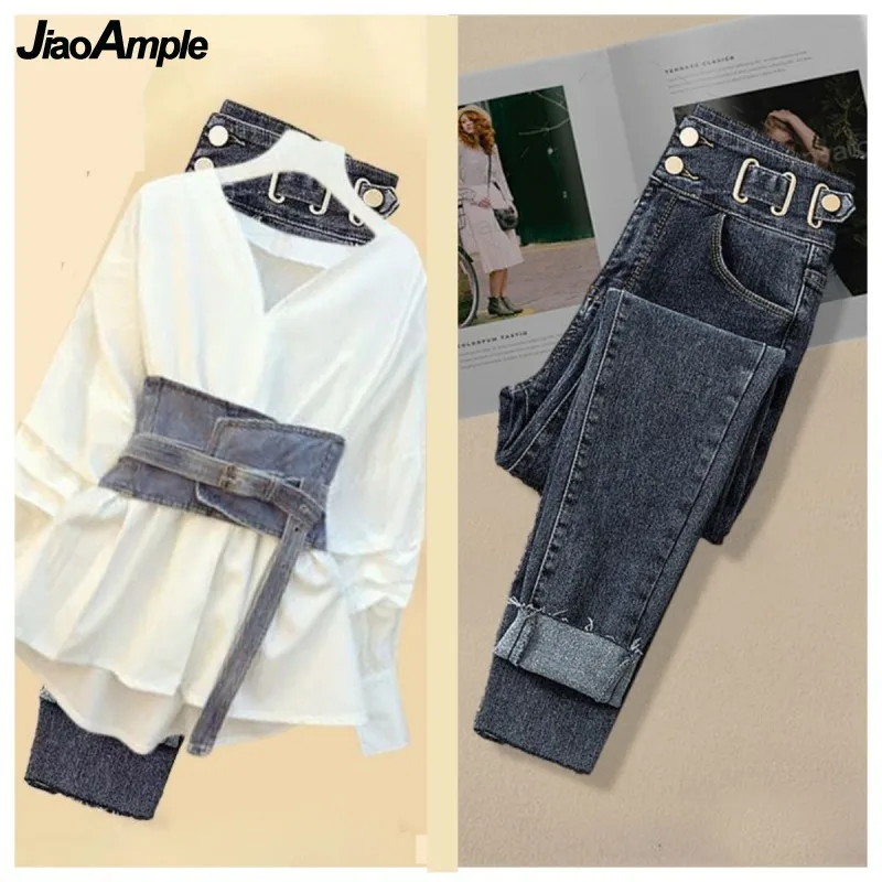 2024 Spring New Korean Elegant Denim Pants Matching Set Women\'s Fashion V-Neck Shirt+Waist Tie+Jeans Three Piece Female Clothing