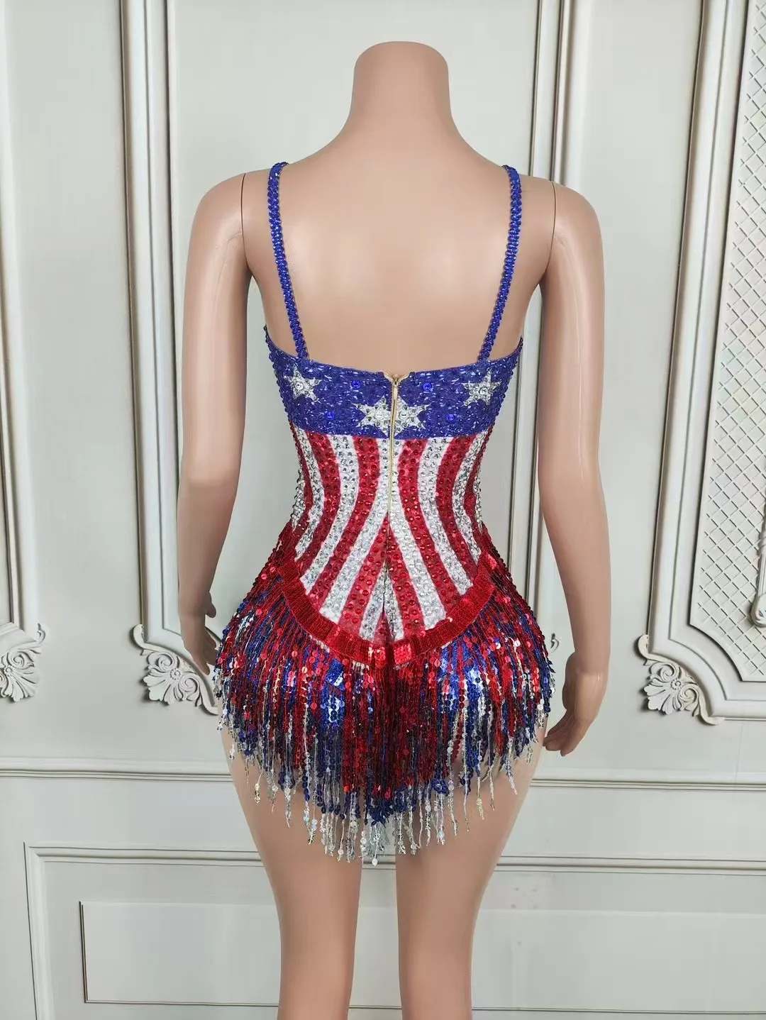 Customized Sparkly Rhinestones Tassel Bodysuit for Women Sexy Performance Dance Costume Singer Dancer Leotard Show Stage Wear