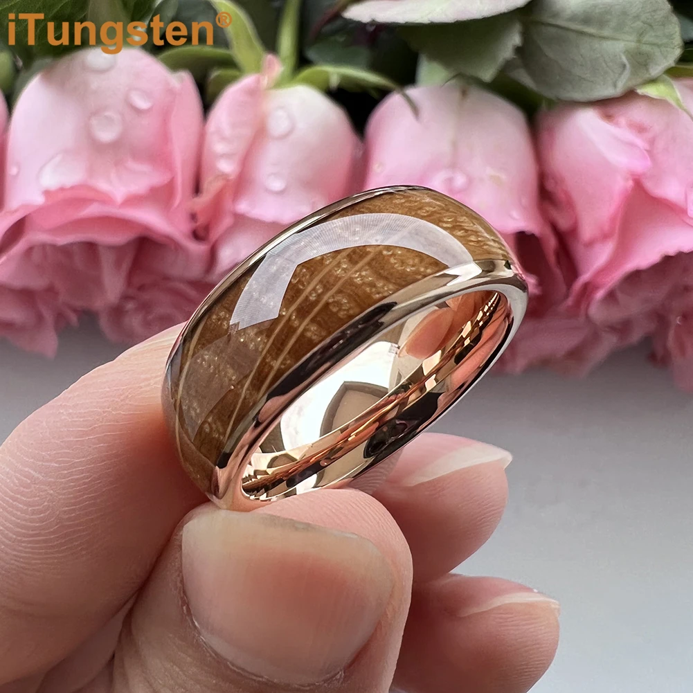 ITungsten 8mm Cool whisky Barrel anello in legno di quercia fede nuziale di fidanzamento in tungsteno per uomo donna Domed lucido Comfort Fit