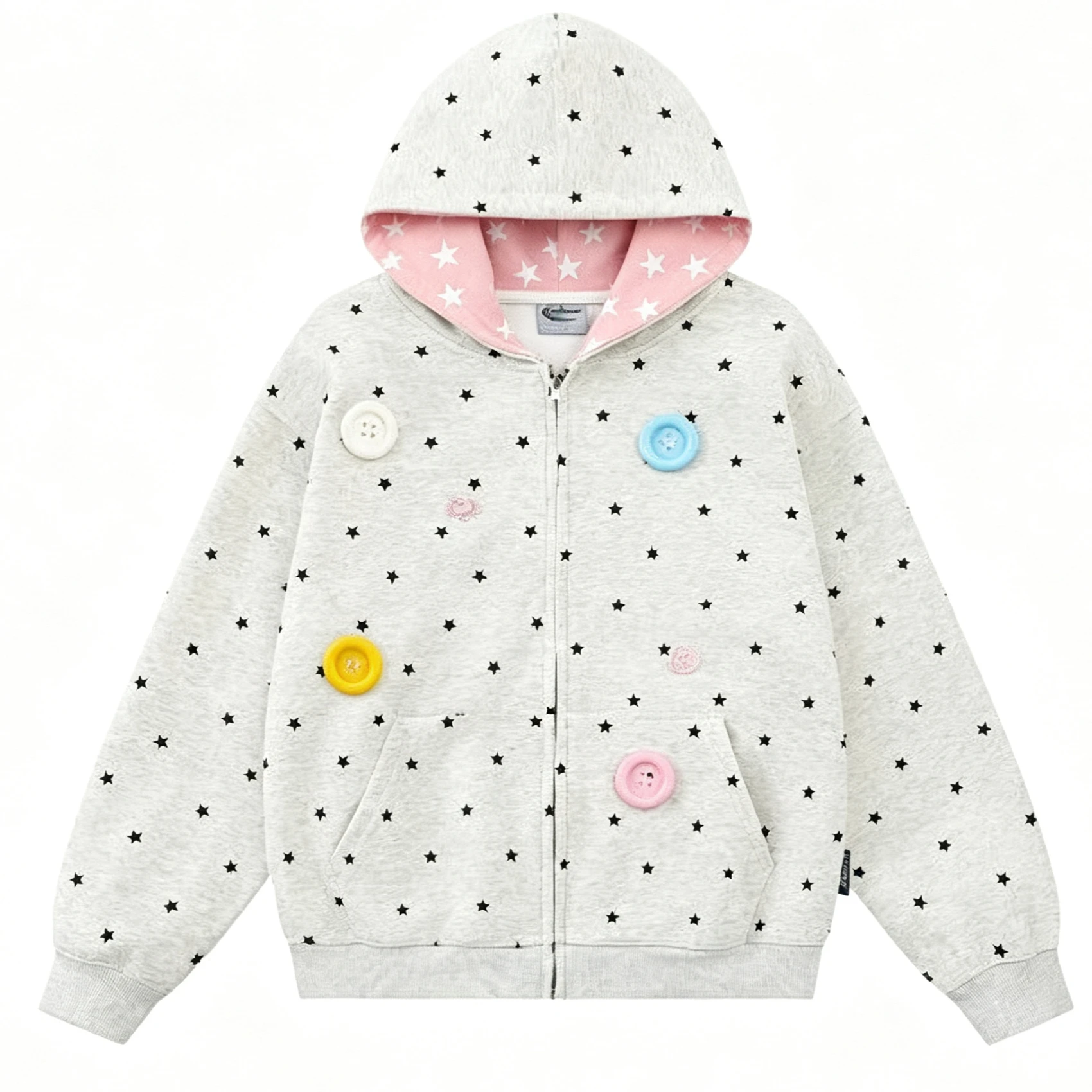 Sweet Campus Preppy Cute Kawaii All‑Over Star Print Zip‑Up Hoodie Jacket Colorful Buttons Star‑Pattern Inner Pocket Y2K Harajuku
